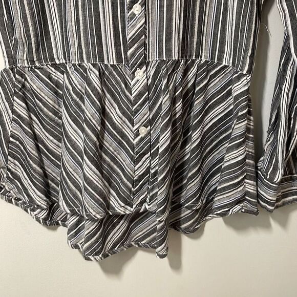 Love Notes Womens Button Up Top Blouse Striped Peplum Long Sleeve Gray Medium - Picture 4 of 9